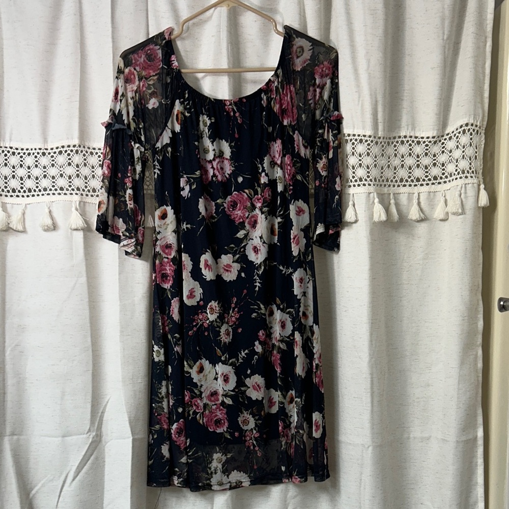 Potter's Pot Navy Floral Off-the-Shoulder Mini Dress with Pink Blooms - Picture 3 of 5
